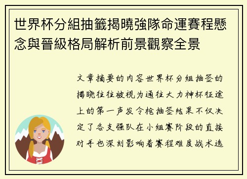 世界杯分組抽籤揭曉強隊命運賽程懸念與晉級格局解析前景觀察全景